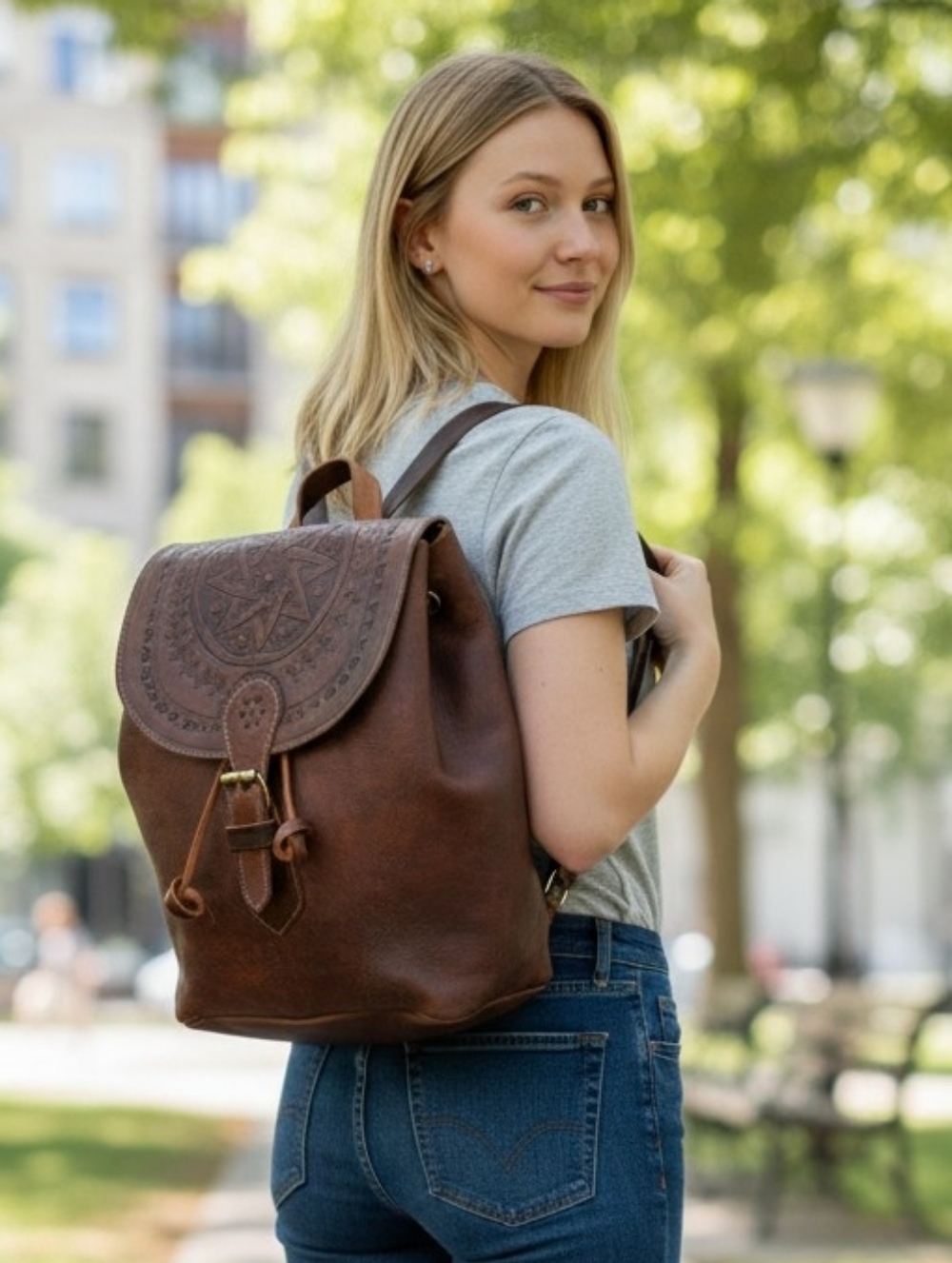 Vintage Brown Leather Embossed Western Backpack Unisex Cowboy Bag